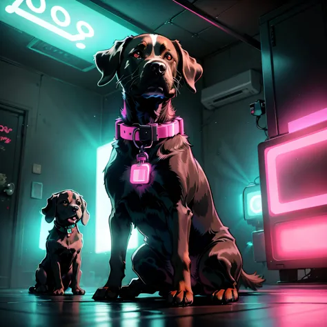 only dog, background is neon city, dark atmosphere, sad vibe, suicidal