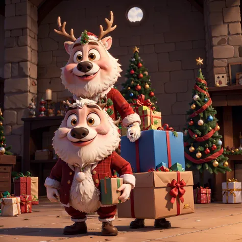 ((Best quality at best)), ((tmasterpiece)), (Detailed pubic hair), Perfect face 45 degree view Disney cartoon style cute reindeer courier wearing Christmas costume carrying big gift bag with fake beard