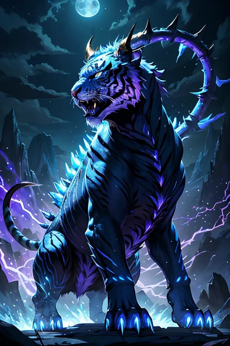 strange monsters in a fantasy world，sabertooth tiger，long canine teeth，strong limbs，covered in blue flames，covered with thick sp...