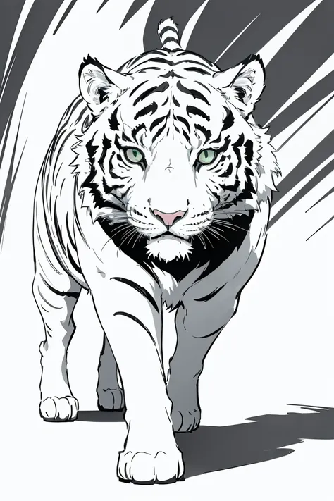 ((Dense line drawing)),ultrafine detail,white tiger, Powerful, sharp eyes,(walking From the front),Forest green,looking at the viewer,simple gray background,