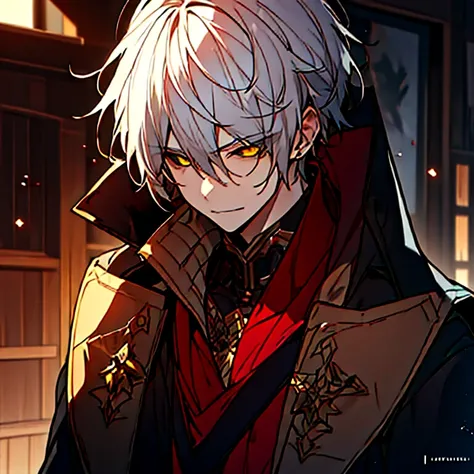 (master piece), best quality, ultra-detailed, illustration, warm lighting, soft lighting, bright colors, 1 adult guy, anime character with white hair with red tips, shadowverse style, black overcoat, serious, yellow eyes, black sclera.