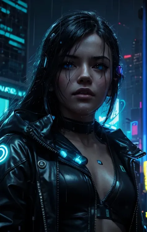 Photorealistic, raining, cyberpunk attire, cyberpunk background neon lights lighting, masterpiece, self portrait