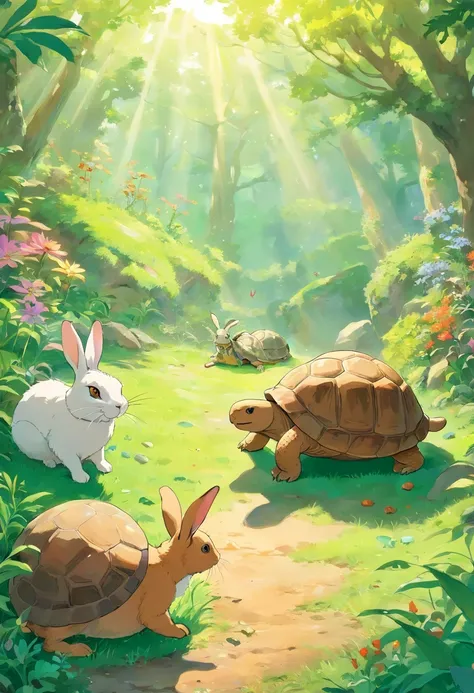 1 hare, 1 tortoise, the hare laughing at tortoise, with other animals watching. The tortoise remains calm, issuing a challenge to the hare.