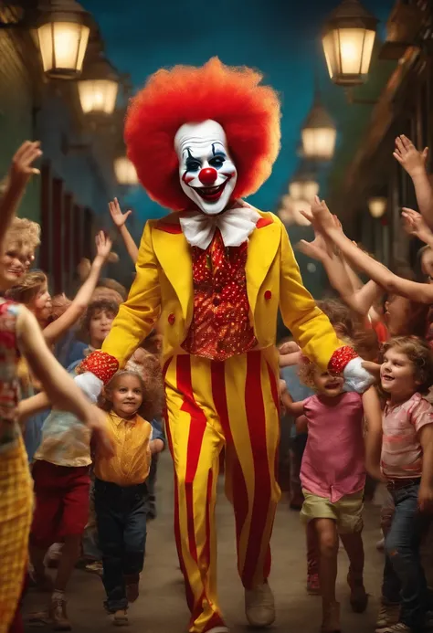 Sleazy McDonalds Clown leading a group of children in a conga line,original,Ronald McDonald, male