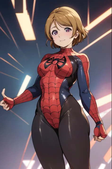 koizumi hanayo, (tight bodysuit:1.2), spiderman custom , standing , cowboy shot