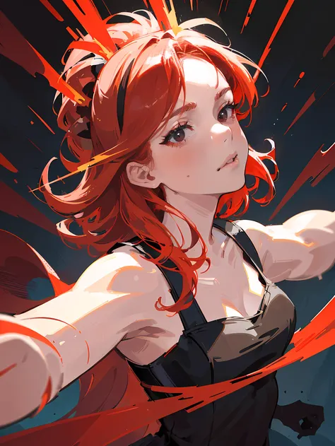 Super detailed, Best Quality, High Resolution, Masterpiece), 1woman, (red medium hair, wearing dress, black eyes, flat chest, fighter), on war field, has scars on cheek, blood, defeating monster, fire element, fire magic, fantasy, night light, beautiful st...