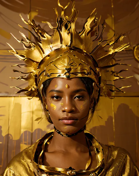 A imagem mostra uma mulher NEGRA vestindo um traje exclusivo, elaborate helmet resembling a golden crown or decorative hat. She is in front of a painting, possivelmente um retrato dela mesma.

The woman in the golden helmet is the center of attention and h...