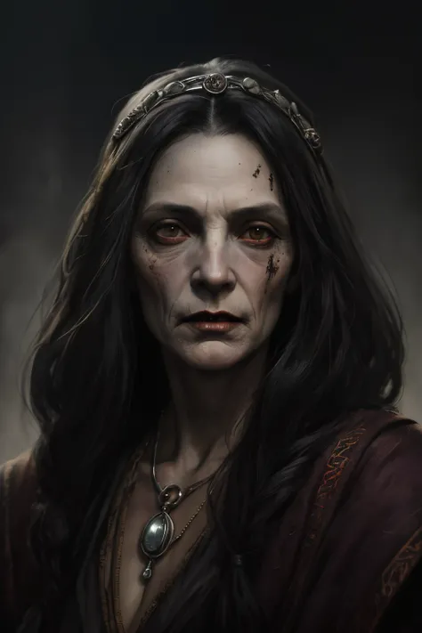 Ancient vampire lady, ugly and terrifying, Inhuman like features with sharp nose. Really ugly an old crone ((best quality)), ((masterpiece)), (detailed), perfect face, ancient mystical background, amy wilkins style, greg rutkowski style