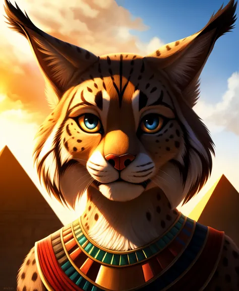 masterpiece, best quality,furry girl,outdoor,hdr,blue sky,sunlight, pyramind perfect light,animal nose,solo,detail fur,epic movie concept adorable,egyptian clothes, looking at viewer,sheli,lynx