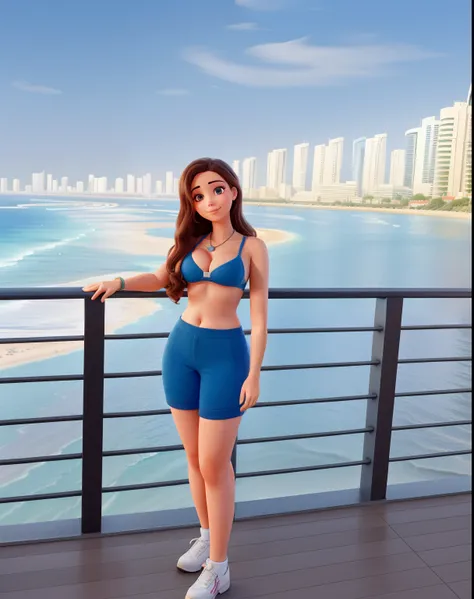 mulher arafed totalmente , menina sexy com olhos azuis, ultra realistic, meticulosamente detalhado, Retrato Sophie Mudd, cabelos loiros e olhos grandes, selfie de uma jovem mulher, standing on the balcony of a hotel in Dubai with the buildings and beaches ...