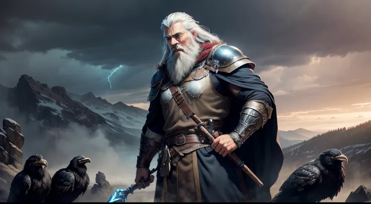 best quality,ultra-detailed,realistic,highres,HDR,professional,vivid colors,bokeh,portrait,concept artists,Odin,norse mythology,bearded,all-seeing eye,majestic,commanding presence,ancient and wise,thunderous voice,wearing a cloak and armor,holding a spear ...