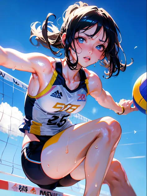 Best Quality, masutepiece,  High resolution, (Anime Heroine Illustration), Anime Paint, 1beautiful girl ,Dynamic Angle,Female figure beach volleyball athlete,small head,Large breasts,nice legs, Glowing skin, Sweat,At the beach volleyball venue ,Cool,detail...