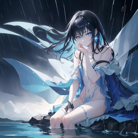 ((A close view)) of a black-haired anime teen girl, (sitting in the (river)), ((strong sunlight)), cinematic light, slim body, skin is perfectly healthy, soft, and smooth, Extremely delicate and beautiful CG illustration, best quality, high resolution, dyn...