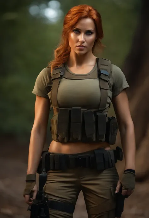 Cinematic tomb raider, a ultra-detailed hyperrealistic photography of a beautiful 25 years old tomb raider woman looking at viewer, gun in hand, (orange hair), blue eyes, american aesthetics, long hair, night, curvy, beautiful curves, army medic aesthetics...