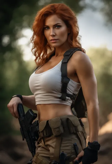 Cinematic tomb raider, a ultra-detailed hyperrealistic photography of a beautiful 25 years old tomb raider woman looking at viewer, gun in hand, (orange hair), blue eyes, american aesthetics, long hair, night, curvy, beautiful curves, army medic aesthetics...