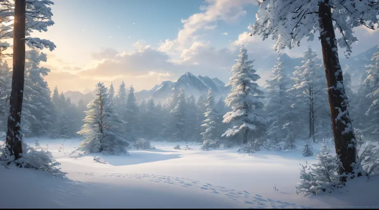 masterpiece, best quality, high quality, extremely detailed CG unity 8k wallpaper, The vast and quiet taiga stretches to the horizon, with dense green trees grouped in deep harmony, as the fresh breeze whispers through their leaves and crystal snow lies on...