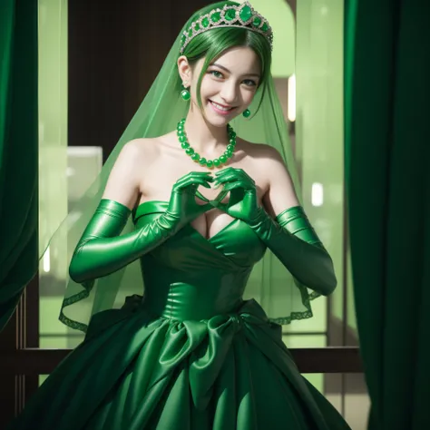 emerald tiara, Green Pearl Necklace, Boyish very short green hair, lipsticks, Japan woman smiling, very short short hair,  big breasts beautiful, Green eyes, Long green gloves made of satin material, Green eyes, Emerald Earrings, green vale, Heart with bot...