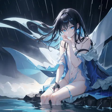 ((A close view)) of a black-haired anime teen girl, (sitting in the (river)), ((strong sunlight)), cinematic light, slim body, skin is perfectly healthy, soft, and smooth, Extremely delicate and beautiful CG illustration, best quality, high resolution, dyn...