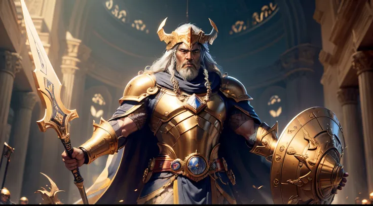 (ultra-detailed, highres), Heimdall, guardian of Asgard, (strong, sturdy:1.1) build, (powerful, protective:1.2) presence, (fierce, vigilant:1.1) eyes, (imposing, majestic:1.2) armor, (golden, shining:1.1) helmet, (sharp, gleaming:1.1) blade, (towering, mag...