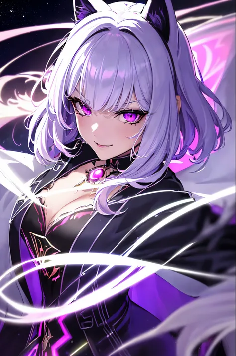 1woman, looking at viewer, ((Multiverse Goddess of Monsters)), Female, (Evil Goddess), evil face, Devilish Smile, (cat ears), ((purple eyes)), (short hair, beautiful hair and lush, silver hair, white hair), Goddess Long Dress, Thin, medium breasts, slim wa...