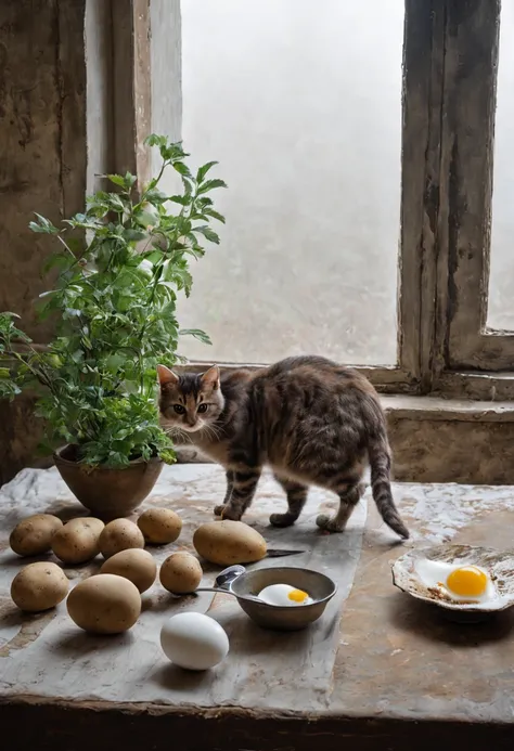 （Classical Oil Painting Art），（（The room is poorly lit）），natural soft light，Foggy，Short-footed cat，（On top of a table，A pot、a spoon[Nostalgic and rusty]、potatoes[There is loose soil]、eggs、tablecloth[Shabby cotton and linen]），wabi-sabi，Simple and plain