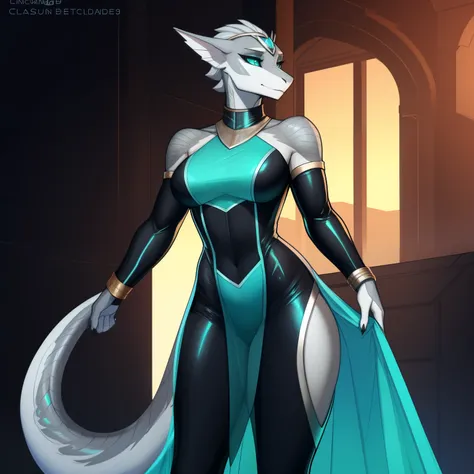 Lanky_muscular_sea_serpent female iridescent_gray_scaled_body teal_eyes slit_pupils solo Masterpiece best_quality absurdres highly_detailed skintight_gown silver_circlet silver_gorget silver_bracers cleanly_drawn_eyes anthro_only by_claweddrip, by_greasymo...