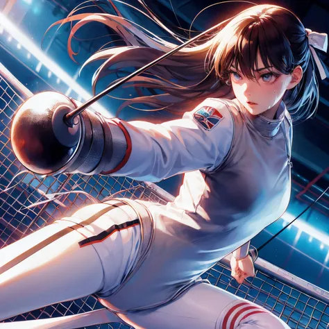 Best Quality, masutepiece,  High resolution, (Anime Heroine Illustration), Anime Paint, 1beautiful girl ,Dynamic Angle,Womens Fencers,small head,Large breasts,nice legs, Glowing skin, Sweat,At the fencing venue ,Cool,Detailed beautiful face,Detailed beauti...