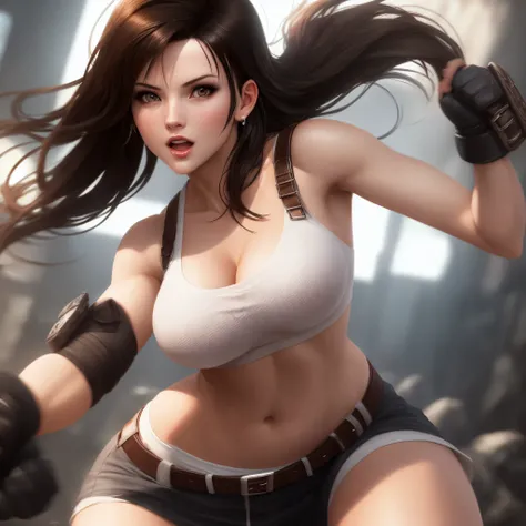 busty brunette, skimpy outfit, kickass, dynamic lighting, tifa lockhart