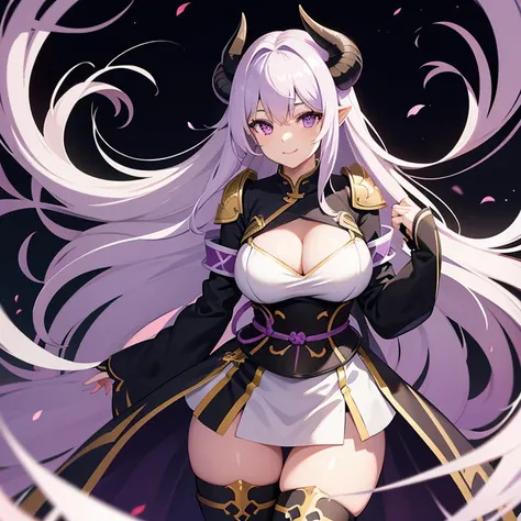 1girl, japanese armor, long white wavy hair, purple eyes, black horns, standing, large breasts, large thighs, smiling, black background