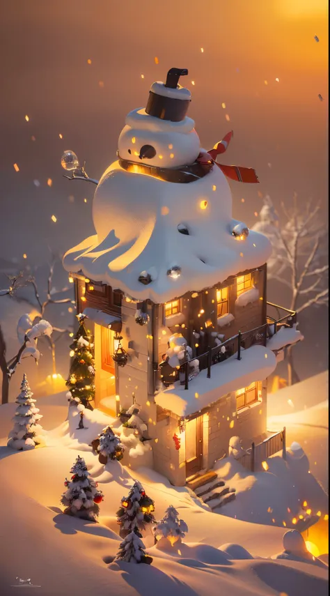 glowing house，christmas，snowfield，Orange background