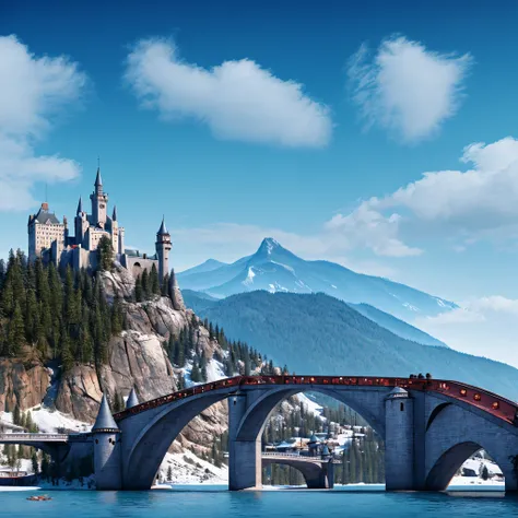 empty sky, (clear sky), cloudless, big landscape, empty foreground, massive landscape, gigantic fantasy landscape, castles, bridge, mountains, forest, highly detailed, details, ocean, photorealistic, 8k, masterpiece