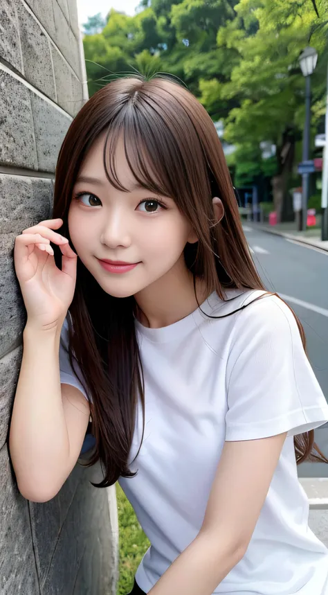 (Original photography:1.2)、top-quality、Delicate beauty、beautiful Korean women、The most beautiful woman in the world、beautiful sharp face、Face length、21yo、A smile、Happy smile、Light brown hair、Fluffy and voluminous hair、The facial details are particularly ri...