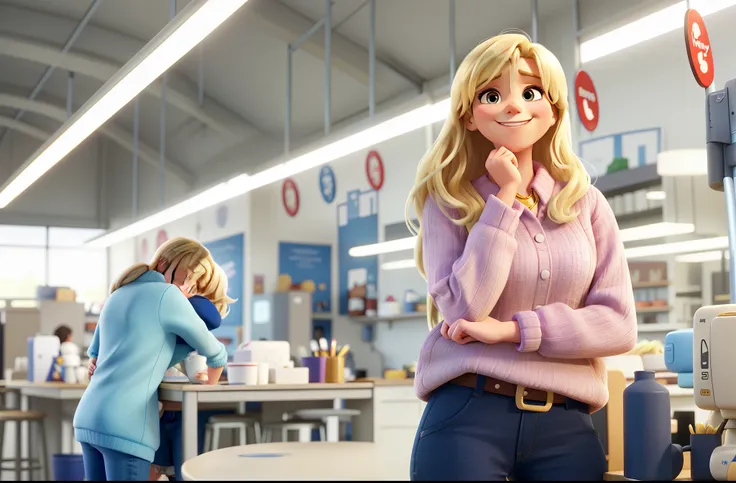 A woman smiling, with blonde hair, with one hand on her face and the other hugging her waist, in a Disney Pixar style factory in high quality