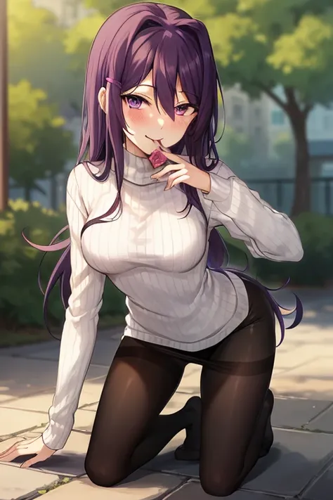 2d, masterpiece, ((on all fours)), playground background, best quality, full body, full pose, anime, highly detailed, cowboy shot, 1girl, solo, yuri, purple hair, purple eyes, long hair, hair between eyes, hairclip, medium breasts, ((white virgin sweater))...