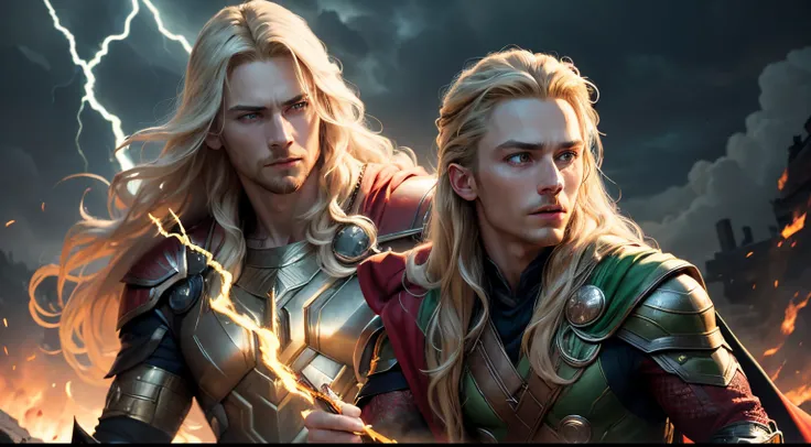 thor and loki,painting,oil painting,mythical gods,god of thunder,god of mischief,beautiful detailed eyes,beautiful detailed lips,extremely detailed eyes and face,long eyelashes,blond hair,red cape,hammer,green attire,fiery sparks,expressive facial expressi...