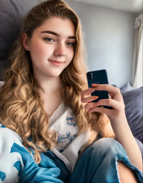 18 year old woman sitting on a bed taking a selfie