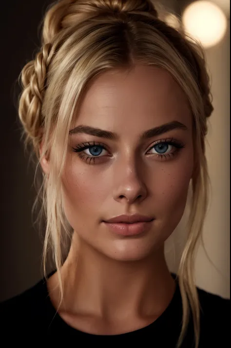 blond woman with a messy bun in her hair looking at the camera, gorgeous face portrait, portrait of margot robbie, detailed perfect face, stunning closeupheadshot, close-up perfect face, perfectly lit face, gorgeous face, samara weaving, blonde braids and ...