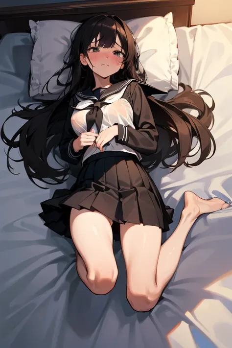 nsfw, 1Girl, lying in bed, lying on back, dark hair, long hair, black long-sleeved sailor uniform, black pleated skirt, (messy clothes: 1.0), (Background: on bedroom bed), Big tits: 1.4, Shy Face, upset,embarrassed,Blushing, Face in agony, Beautiful girl, ...