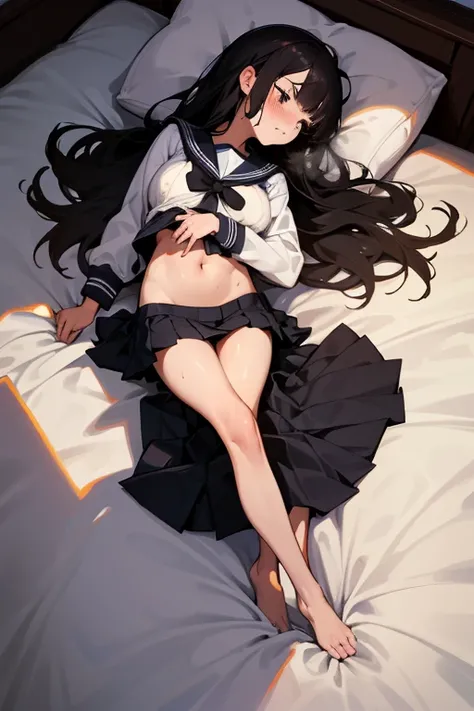 nsfw, 1Girl, lying in bed, lying on back, dark hair, long hair, black long-sleeved sailor uniform, black pleated skirt, (messy clothes: 1.0), (Background: on bedroom bed), Big tits: 1.4, Shy Face, upset,embarrassed,Blushing, Face in agony, Beautiful girl, ...