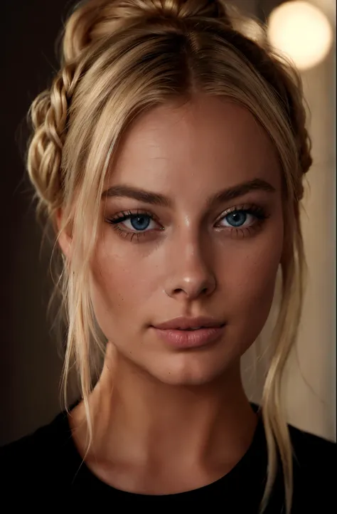 blond woman with a messy bun in her hair looking at the camera, gorgeous face portrait, portrait of margot robbie, detailed perfect face, stunning closeupheadshot, close-up perfect face, perfectly lit face, gorgeous face, samara weaving, blonde braids and ...