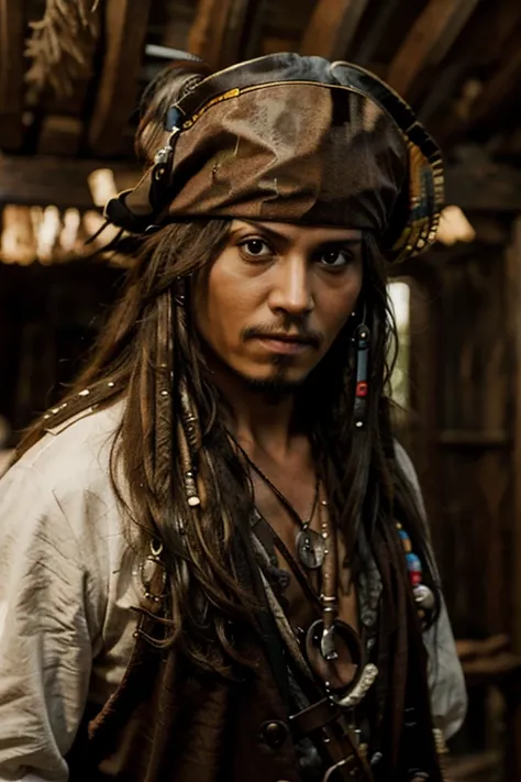 Capt. Jack Sparrow. pirates of the carribean. higly detailed, hyper realisitc, professional photo 32k