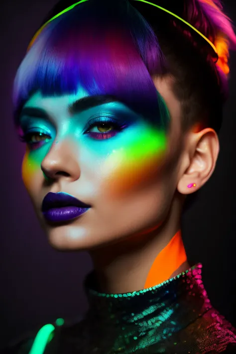 Close-up of a woman with colorful and neon makeup, UV rays and neon colors, Glowing rainbow face, Iridescent skin, Neon Cyberpunk colors, iridescent accents. Vibrant, Unreal Engine : : Rave makeup, deep bright colors, Portrait Color Glamour, Colorful glow,...