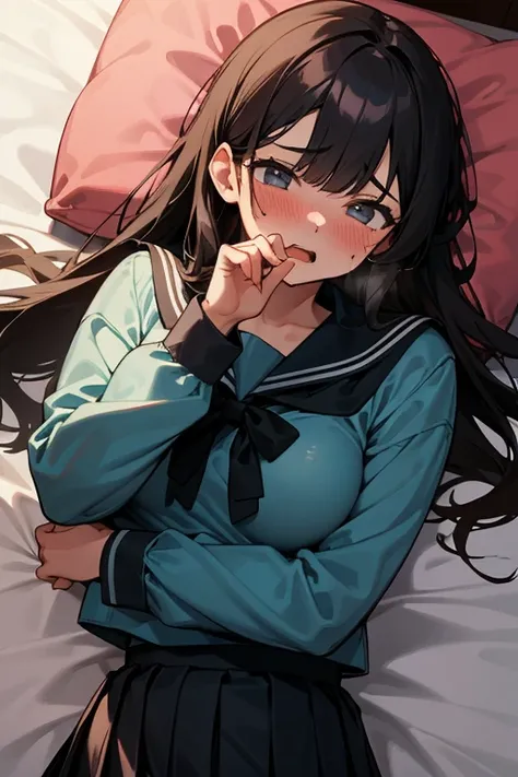 1Girl, lying in bed, lying on back, dark hair, long hair, black long-sleeved sailor uniform, black pleated skirt, (messy clothes: 1.0), (Background: on bedroom bed), Big tits: 1.4,Shy Face,upset,embarrassed,open mouth,shortness of breath,Blushing, Face in ...