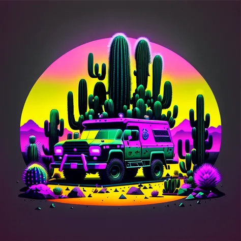 A mutation of a cactus and a truck, cores black/roxo, arte fluorescente. surreal, arte vinil, intrincado/intrincada, SDLX/studio, vetor/neon light/degrade, alta qualidade, highes definition, alto detalhe, alta resolução, 16k