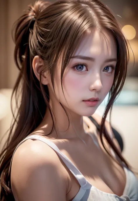 8K, of the highest quality, masutepiece:1.2), (Realistic, Photorealsitic:1.37), of the highest quality, masutepiece, Beautiful young woman, Pensive expression, Gentle eyes, Apron naked、shyly shy、Hair tied back, Messy mood, Cinematic background,  Light skin...