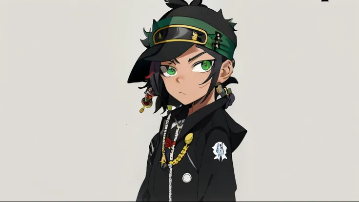 menino anime com olhos verdes e uma jaqueta preta , com bigode, with dreadlocked hair green hat, 2 d estilo anime, personagem estilo anime, Arte digital de Danganronpa, Gatilho Estilo de Arte de Anime, menino anime, estilo anime", estilo anime, inspirado e...