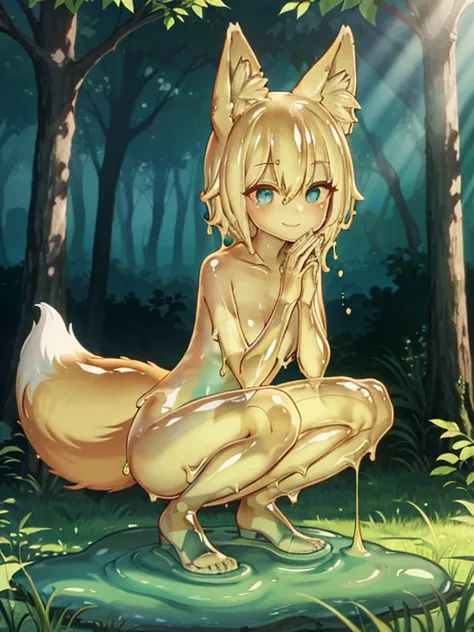 HDR, Excellent quality, 1. Slug Girl, slime core, white transparent body, transparent skin, translucent body,  Foxtail, short tail, One Tail, Squatting pose, with a beautiful face,  ssmile, woods