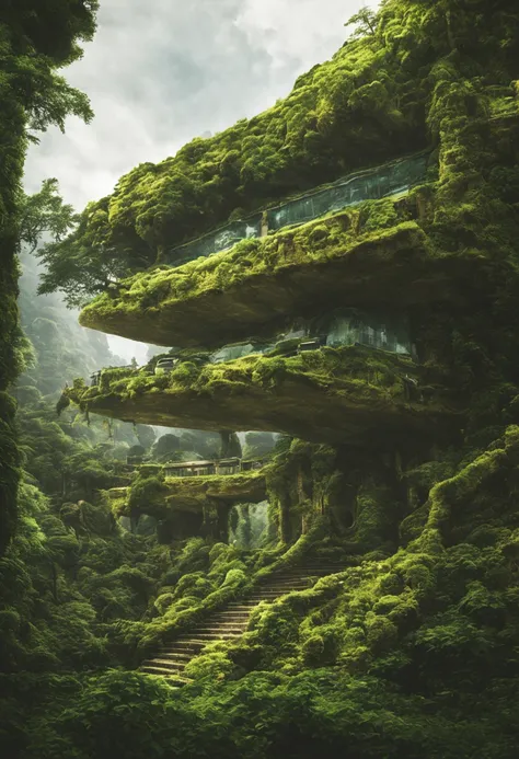 Futuristic building in a vast jungle。jungles。ln the forest。ivy。ruins。realisitic。