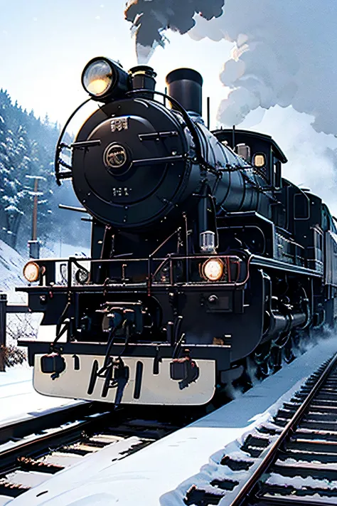 Locomotive with smoke in the center、headlight、Japan countryside、Cinematic scenery、Ghibli、Very snowy、snow blowing、snow cover、masutepiece,Best Quality,Sketch style、