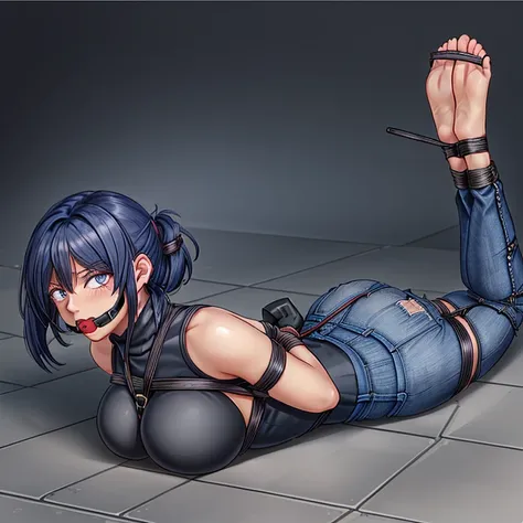 Meisterwerk, best quality, Hogtie, Beautiful girl, Girl Tied Up, blue denim jeans skirt, black turtleneck shirt, Big butt, Ballknebel, Girl blushes, Girl lies on her stomach, Girl laying on floor, viele Seile, Girl completely immobile, Girl helpless, Arms ...